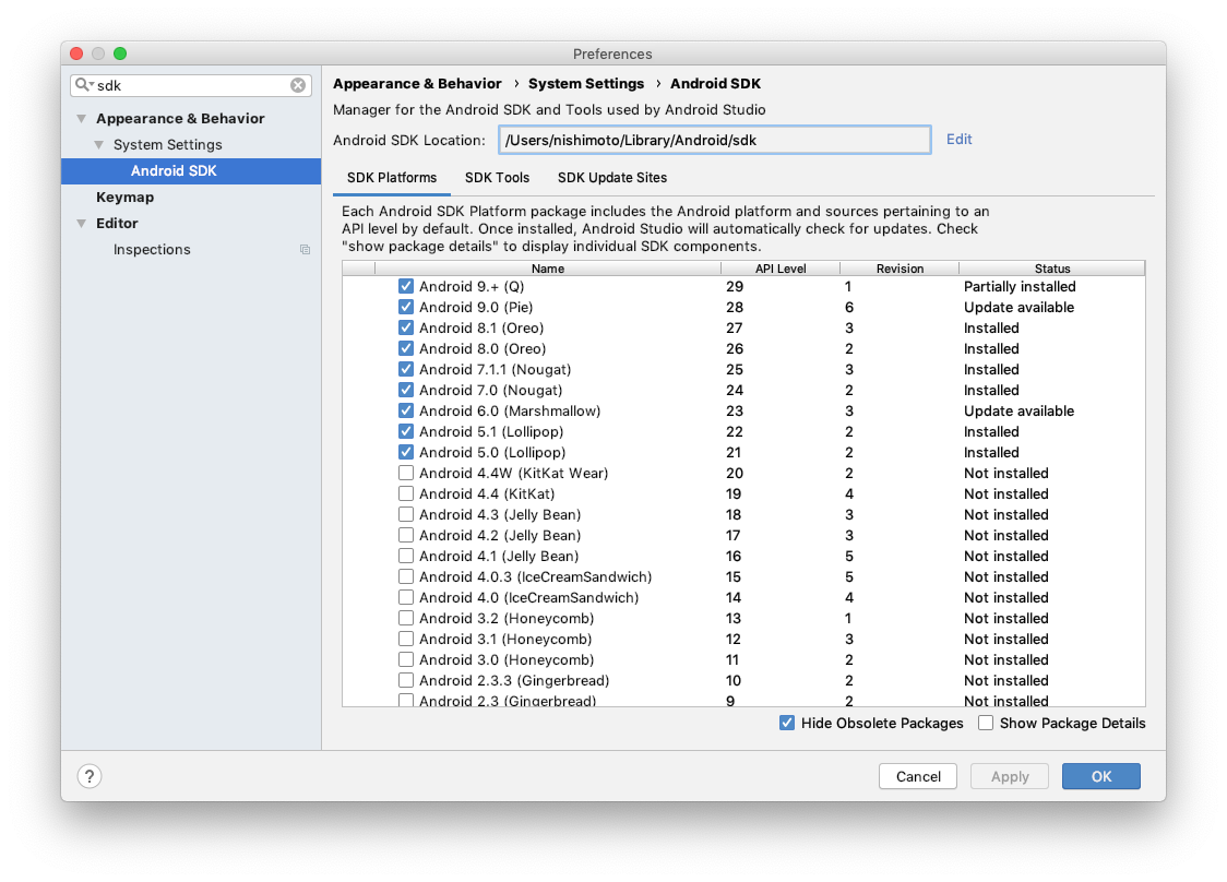 Screenshot of getting Android SDK Path